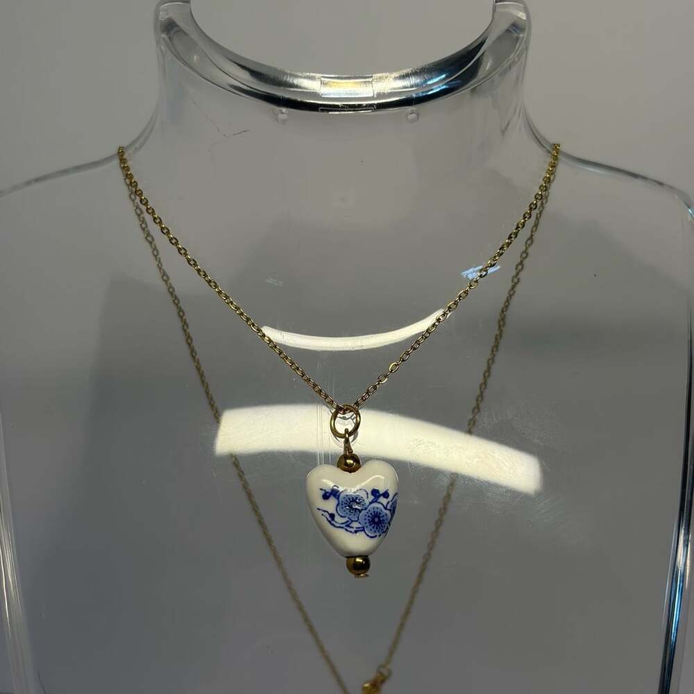 Stainless Steel Blue Floral Porcelain Heart Pendant Gold Tome Chain Necklace